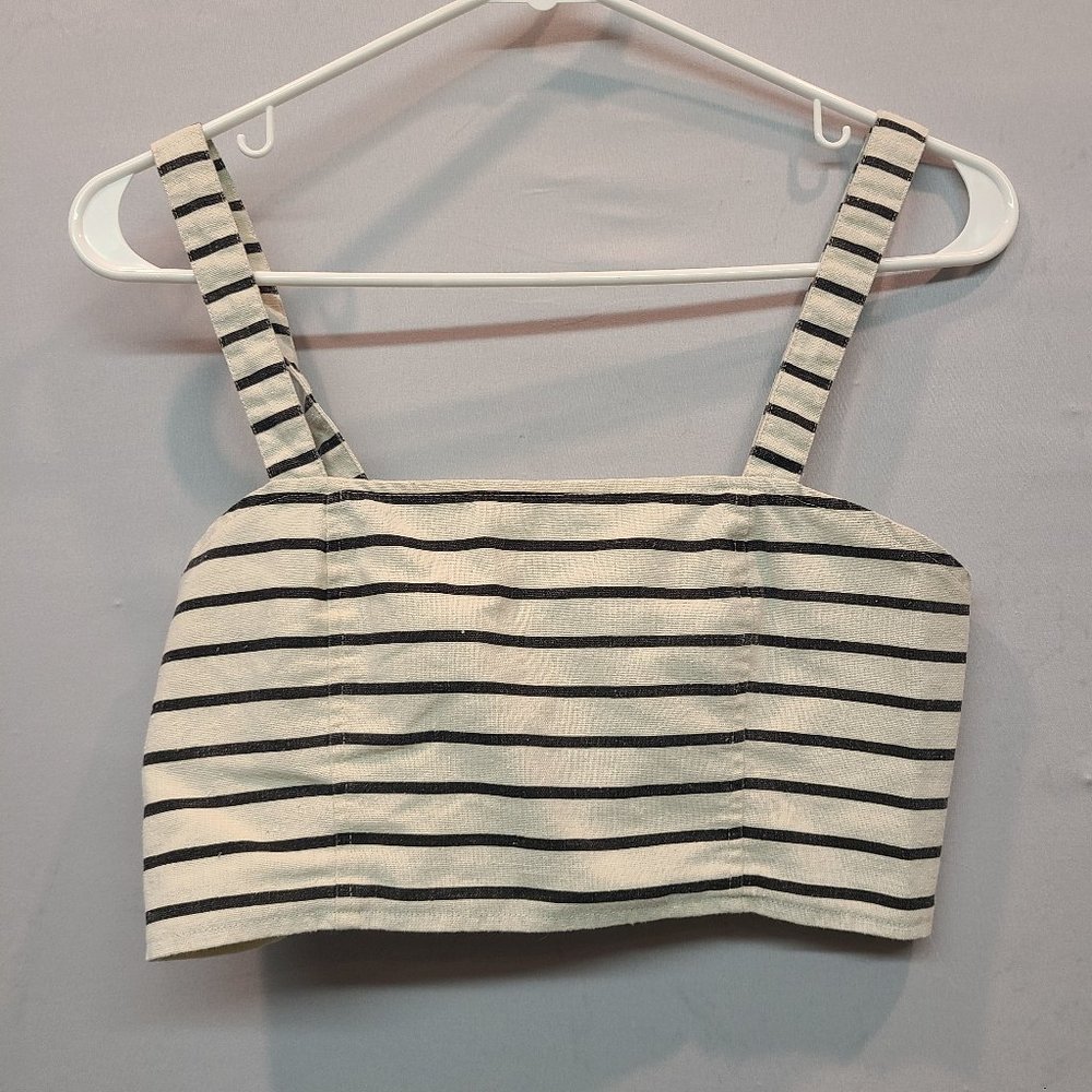 Ecote Crop Top Cream Black Striped Button Back Womens Medium